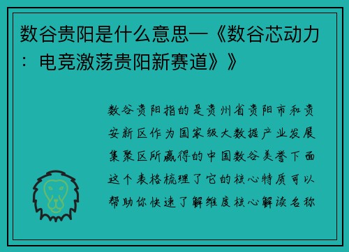 数谷贵阳是什么意思—《数谷芯动力：电竞激荡贵阳新赛道》》