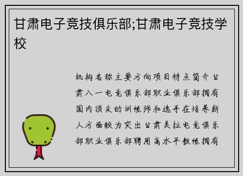 甘肃电子竞技俱乐部;甘肃电子竞技学校